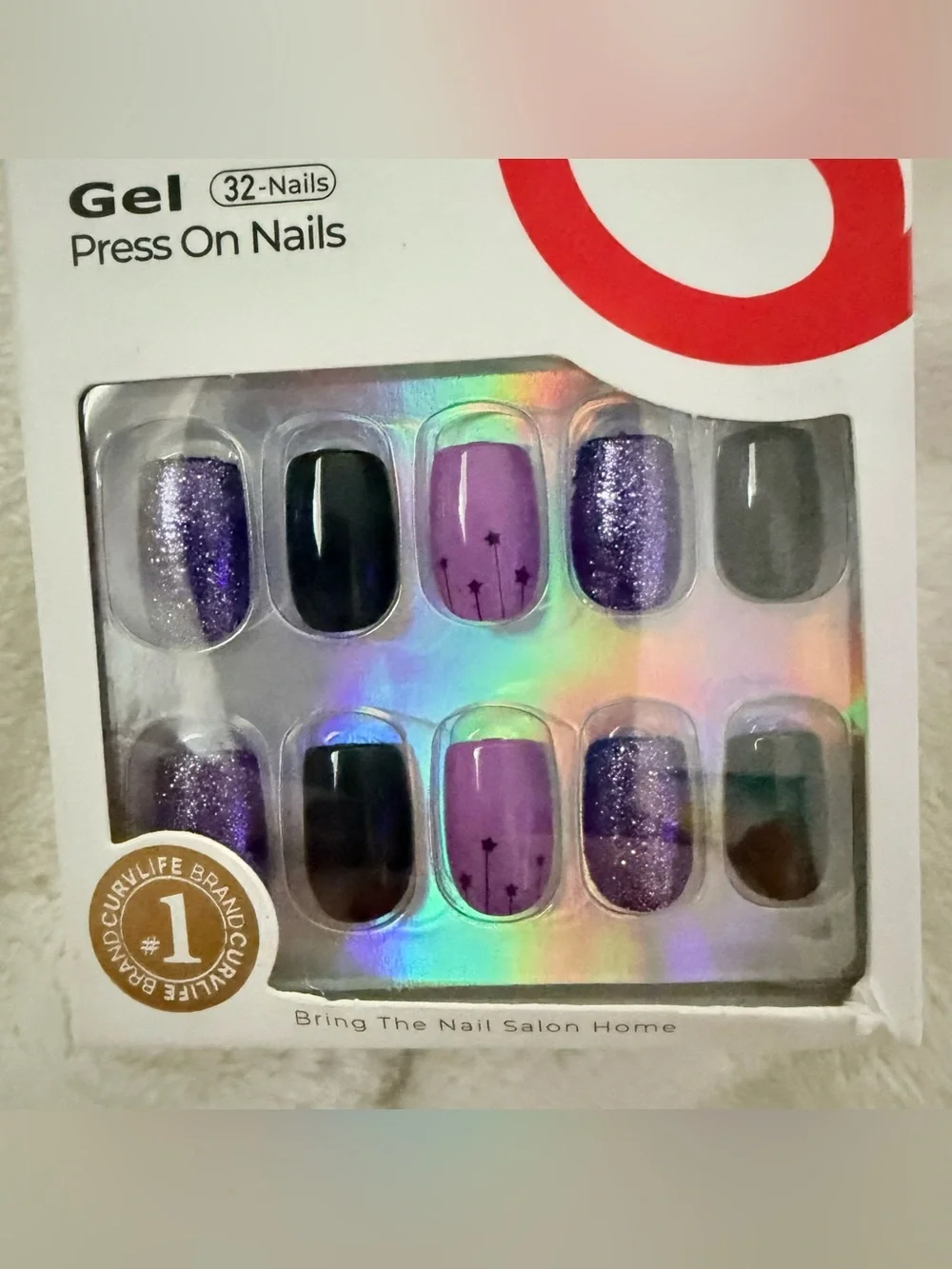 New Curvlife Press On Nails - Purple & Black Glitter Short Squoval Cosmic Dust